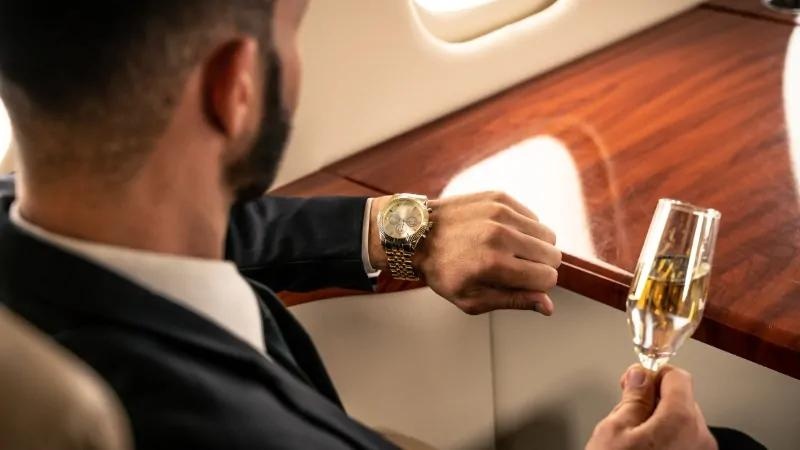 Luxury watch inside private jet cabin